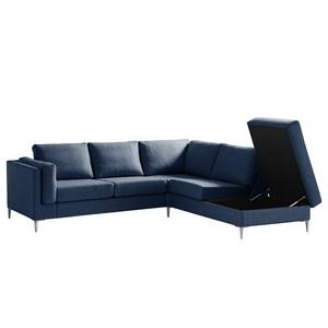 Ecksofa COSO Classic+ mit Ottomane Webstoff - Webstoff Inze: Blau - Breite: 245 cm - Ottomane davorstehend rechts - Bettkasten - Chrom glänzend