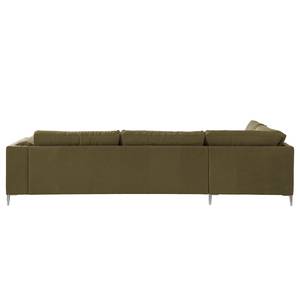 Ecksofa COSO Classic+ mit Ottomane Echtleder - Echtleder Taru: Olivgrün - Breite: 311 cm - Ottomane davorstehend links - Bettkasten - Chrom glänzend