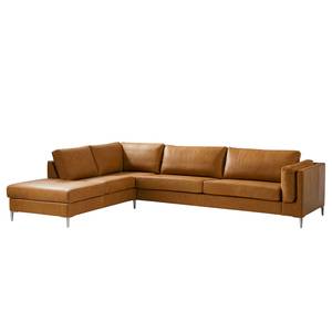 Ecksofa COSO Classic+ mit Ottomane Echtleder - Echtleder Taru: Hellbraun - Breite: 311 cm - Ottomane davorstehend links - Bettkasten - Chrom glänzend