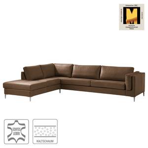 Ecksofa COSO Classic+ mit Ottomane Echtleder - Echtleder Taru: Nougat - Breite: 311 cm - Ottomane davorstehend links - Bettkasten - Chrom glänzend