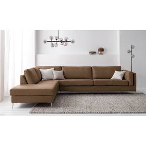 Ecksofa COSO Classic+ mit Ottomane Echtleder - Echtleder Taru: Nougat - Breite: 311 cm - Ottomane davorstehend links - Bettkasten - Chrom glänzend