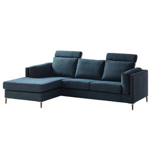 Ecksofa COSO Classic+ mit Longchair Webstoff - Chenille Rufi: Blau - Breite: 246 cm - Longchair davorstehend links - Buche Dunkel