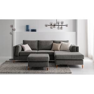 Ecksofa COSO Classic+ mit Longchair Webstoff - Chenille Rufi: Grau - Breite: 246 cm - Longchair davorstehend rechts - Buche Dunkel