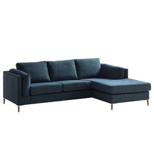 Ecksofa COSO Classic+ mit Longchair Webstoff - Chenille Rufi: Blau - Breite: 246 cm - Longchair davorstehend rechts - Buche Dunkel