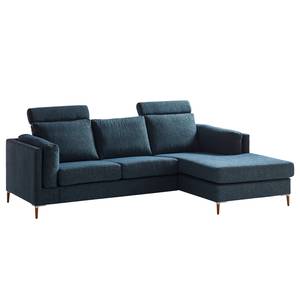 Ecksofa COSO Classic+ mit Longchair Webstoff - Chenille Rufi: Blau - Breite: 246 cm - Longchair davorstehend rechts - Buche Dunkel