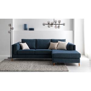 Ecksofa COSO Classic+ mit Longchair Webstoff - Chenille Rufi: Blau - Breite: 246 cm - Longchair davorstehend rechts - Buche Dunkel