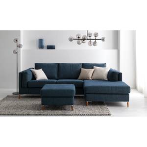 Ecksofa COSO Classic+ mit Longchair Webstoff - Chenille Rufi: Blau - Breite: 246 cm - Longchair davorstehend rechts - Buche Dunkel