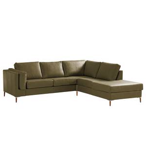 Ecksofa COSO Classic+ mit Ottomane Echtleder - Echtleder Taru: Olivgrün - Breite: 245 cm - Ottomane davorstehend rechts - Keine Funktion - Buche Dunkel