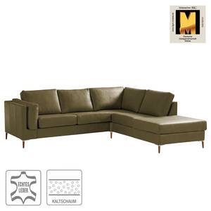 Ecksofa COSO Classic+ mit Ottomane Echtleder - Echtleder Taru: Olivgrün - Breite: 245 cm - Ottomane davorstehend rechts - Keine Funktion - Buche Dunkel