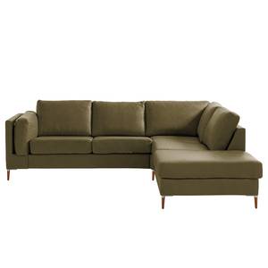 Ecksofa COSO Classic+ mit Ottomane Echtleder - Echtleder Taru: Olivgrün - Breite: 245 cm - Ottomane davorstehend rechts - Keine Funktion - Buche Dunkel