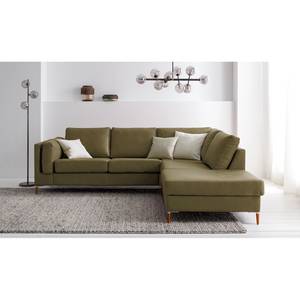 Ecksofa COSO Classic+ mit Ottomane Echtleder - Echtleder Taru: Olivgrün - Breite: 245 cm - Ottomane davorstehend rechts - Keine Funktion - Buche Dunkel