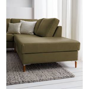 Ecksofa COSO Classic+ mit Ottomane Echtleder - Echtleder Taru: Olivgrün - Breite: 245 cm - Ottomane davorstehend rechts - Keine Funktion - Buche Dunkel