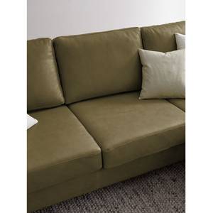 Ecksofa COSO Classic+ mit Ottomane Echtleder - Echtleder Taru: Olivgrün - Breite: 245 cm - Ottomane davorstehend rechts - Keine Funktion - Buche Dunkel