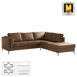 Ecksofa COSO Classic+ mit Ottomane Echtleder - Echtleder Taru: Nougat - Breite: 245 cm - Ottomane davorstehend rechts - Keine Funktion - Buche Dunkel