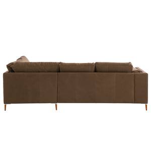 Ecksofa COSO Classic+ mit Ottomane Echtleder - Echtleder Taru: Nougat - Breite: 245 cm - Ottomane davorstehend rechts - Keine Funktion - Buche Dunkel