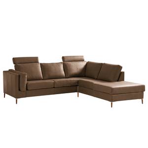 Ecksofa COSO Classic+ mit Ottomane Echtleder - Echtleder Taru: Nougat - Breite: 245 cm - Ottomane davorstehend rechts - Keine Funktion - Buche Dunkel