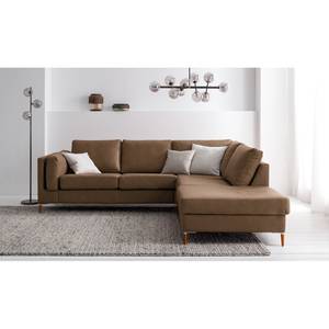 Ecksofa COSO Classic+ mit Ottomane Echtleder - Echtleder Taru: Nougat - Breite: 245 cm - Ottomane davorstehend rechts - Keine Funktion - Buche Dunkel