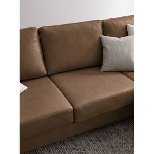 Ecksofa COSO Classic+ mit Ottomane Echtleder - Echtleder Taru: Nougat - Breite: 245 cm - Ottomane davorstehend rechts - Keine Funktion - Buche Dunkel