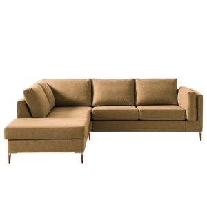 Ecksofa COSO Classic+ mit Ottomane Webstoff - Webstoff Inze: Hellbraun - Breite: 245 cm - Ottomane davorstehend links - Bettkasten - Buche Dunkel