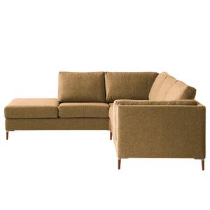 Ecksofa COSO Classic+ mit Ottomane Webstoff - Webstoff Inze: Hellbraun - Breite: 245 cm - Ottomane davorstehend links - Bettkasten - Buche Dunkel