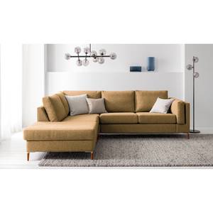 Ecksofa COSO Classic+ mit Ottomane Webstoff - Webstoff Inze: Hellbraun - Breite: 245 cm - Ottomane davorstehend links - Bettkasten - Buche Dunkel