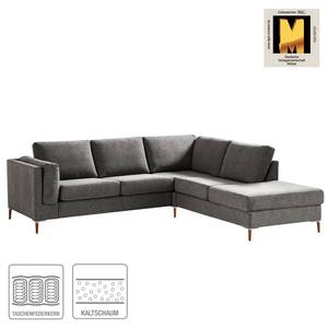 Ecksofa COSO Classic+ mit Ottomane Webstoff - Chenille Rufi: Grau - Breite: 245 cm - Ottomane davorstehend rechts - Bettkasten - Buche Dunkel