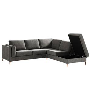 Ecksofa COSO Classic+ mit Ottomane Webstoff - Chenille Rufi: Grau - Breite: 245 cm - Ottomane davorstehend rechts - Bettkasten - Buche Dunkel