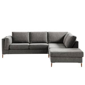 Ecksofa COSO Classic+ mit Ottomane Webstoff - Chenille Rufi: Grau - Breite: 245 cm - Ottomane davorstehend rechts - Bettkasten - Buche Dunkel