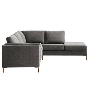 Ecksofa COSO Classic+ mit Ottomane Webstoff - Chenille Rufi: Grau - Breite: 245 cm - Ottomane davorstehend rechts - Bettkasten - Buche Dunkel