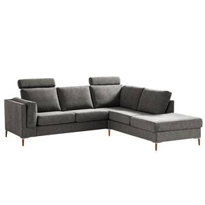 Ecksofa COSO Classic+ mit Ottomane Webstoff - Chenille Rufi: Grau - Breite: 245 cm - Ottomane davorstehend rechts - Bettkasten - Buche Dunkel