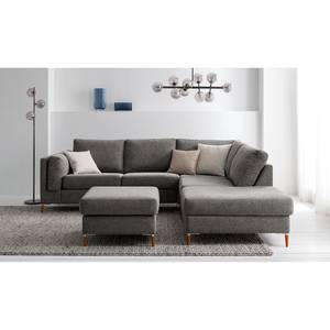 Ecksofa COSO Classic+ mit Ottomane Webstoff - Chenille Rufi: Grau - Breite: 245 cm - Ottomane davorstehend rechts - Bettkasten - Buche Dunkel