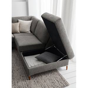 Ecksofa COSO Classic+ mit Ottomane Webstoff - Chenille Rufi: Grau - Breite: 245 cm - Ottomane davorstehend rechts - Bettkasten - Buche Dunkel