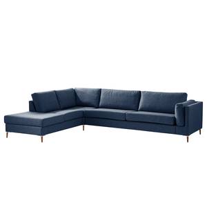 Ecksofa COSO Classic+ mit Ottomane Webstoff - Webstoff Inze: Blau - Breite: 311 cm - Ottomane davorstehend links - Keine Funktion - Buche Dunkel