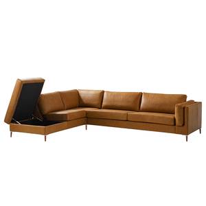 Ecksofa COSO Classic+ mit Ottomane Echtleder - Echtleder Taru: Hellbraun - Breite: 311 cm - Ottomane davorstehend links - Bettkasten - Buche Dunkel