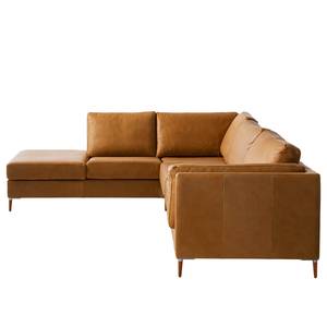 Ecksofa COSO Classic+ mit Ottomane Echtleder - Echtleder Taru: Hellbraun - Breite: 311 cm - Ottomane davorstehend links - Bettkasten - Buche Dunkel