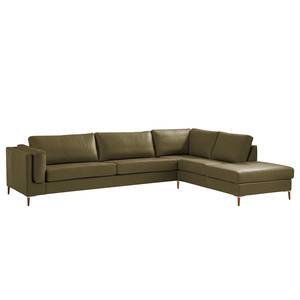 Ecksofa COSO Classic+ mit Ottomane Echtleder - Echtleder Taru: Olivgrün - Breite: 311 cm - Ottomane davorstehend rechts - Bettkasten - Buche Dunkel