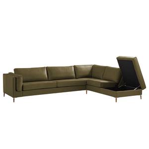 Ecksofa COSO Classic+ mit Ottomane Echtleder - Echtleder Taru: Olivgrün - Breite: 311 cm - Ottomane davorstehend rechts - Bettkasten - Buche Dunkel