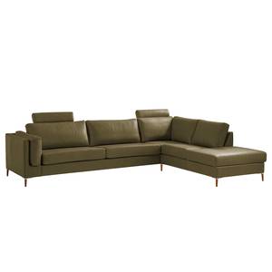 Ecksofa COSO Classic+ mit Ottomane Echtleder - Echtleder Taru: Olivgrün - Breite: 311 cm - Ottomane davorstehend rechts - Bettkasten - Buche Dunkel