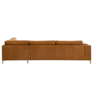 Ecksofa COSO Classic+ mit Ottomane Echtleder - Echtleder Taru: Hellbraun - Breite: 311 cm - Ottomane davorstehend rechts - Bettkasten - Buche Dunkel