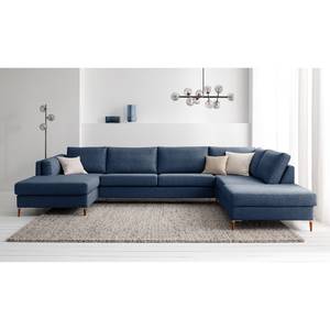 Wohnlandschaft COSO Classic+ Webstoff - Webstoff Inze: Blau - Longchair davorstehend links / Ottomane rechts - Bettkasten - Buche Dunkel