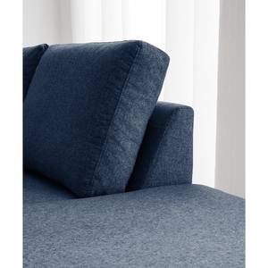 Wohnlandschaft COSO Classic+ Webstoff - Webstoff Inze: Blau - Longchair davorstehend links / Ottomane rechts - Bettkasten - Buche Dunkel