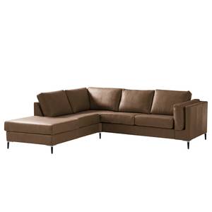 Ecksofa COSO Classic+ mit Ottomane Echtleder - Echtleder Taru: Nougat - Breite: 245 cm - Ottomane davorstehend links - Bettkasten - Schwarz