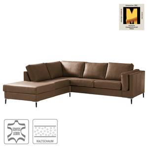 Ecksofa COSO Classic+ mit Ottomane Echtleder - Echtleder Taru: Nougat - Breite: 245 cm - Ottomane davorstehend links - Bettkasten - Schwarz