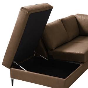 Ecksofa COSO Classic+ mit Ottomane Echtleder - Echtleder Taru: Nougat - Breite: 245 cm - Ottomane davorstehend links - Bettkasten - Schwarz