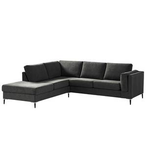 Ecksofa COSO Classic+ mit Ottomane Webstoff - Chenille Rufi: Anthrazit - Breite: 245 cm - Ottomane davorstehend links - Bettkasten - Schwarz