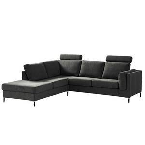 Ecksofa COSO Classic+ mit Ottomane Webstoff - Chenille Rufi: Anthrazit - Breite: 245 cm - Ottomane davorstehend links - Bettkasten - Schwarz