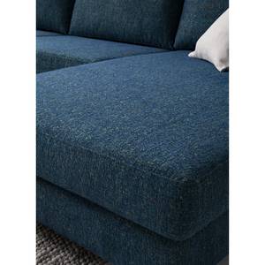 Wohnlandschaft COSO Classic+ Webstoff - Chenille Rufi: Blau - Longchair davorstehend rechts / Ottomane links - Bettkasten - Schwarz