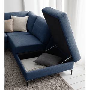 Wohnlandschaft COSO Classic+ Webstoff - Webstoff Inze: Blau - Longchair davorstehend links / Ottomane rechts - Bettkasten - Schwarz