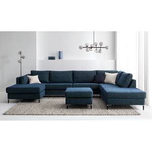 Wohnlandschaft COSO Classic+ Webstoff - Chenille Rufi: Blau - Longchair davorstehend links / Ottomane rechts - Bettkasten - Schwarz