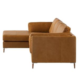 Ecksofa COSO Classic+ mit Longchair Echtleder - Echtleder Taru: Hellbraun - Breite: 246 cm - Longchair davorstehend links - Eiche Dunkel